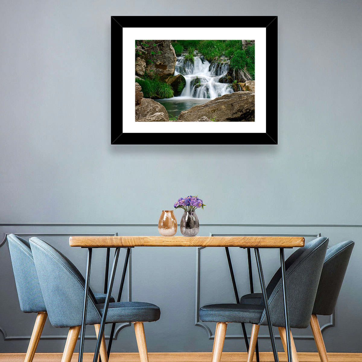 Moss Covered Rocky Waterfall Wall Art in a room, landscape