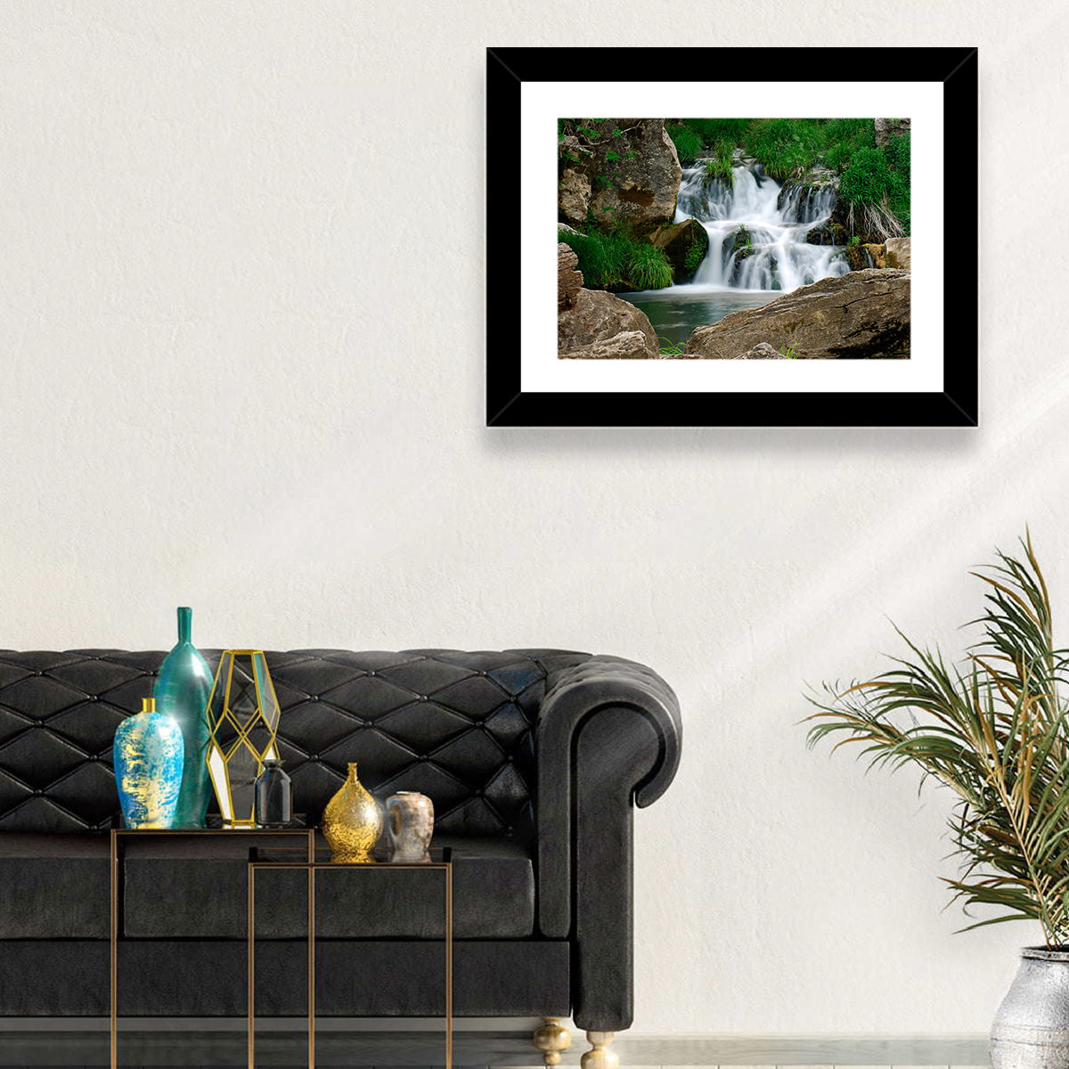 Moss Covered Rocky Waterfall Wall Art in a room, landscape