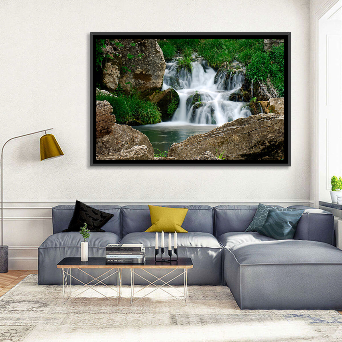 Moss Covered Rocky Waterfall Wall Art
