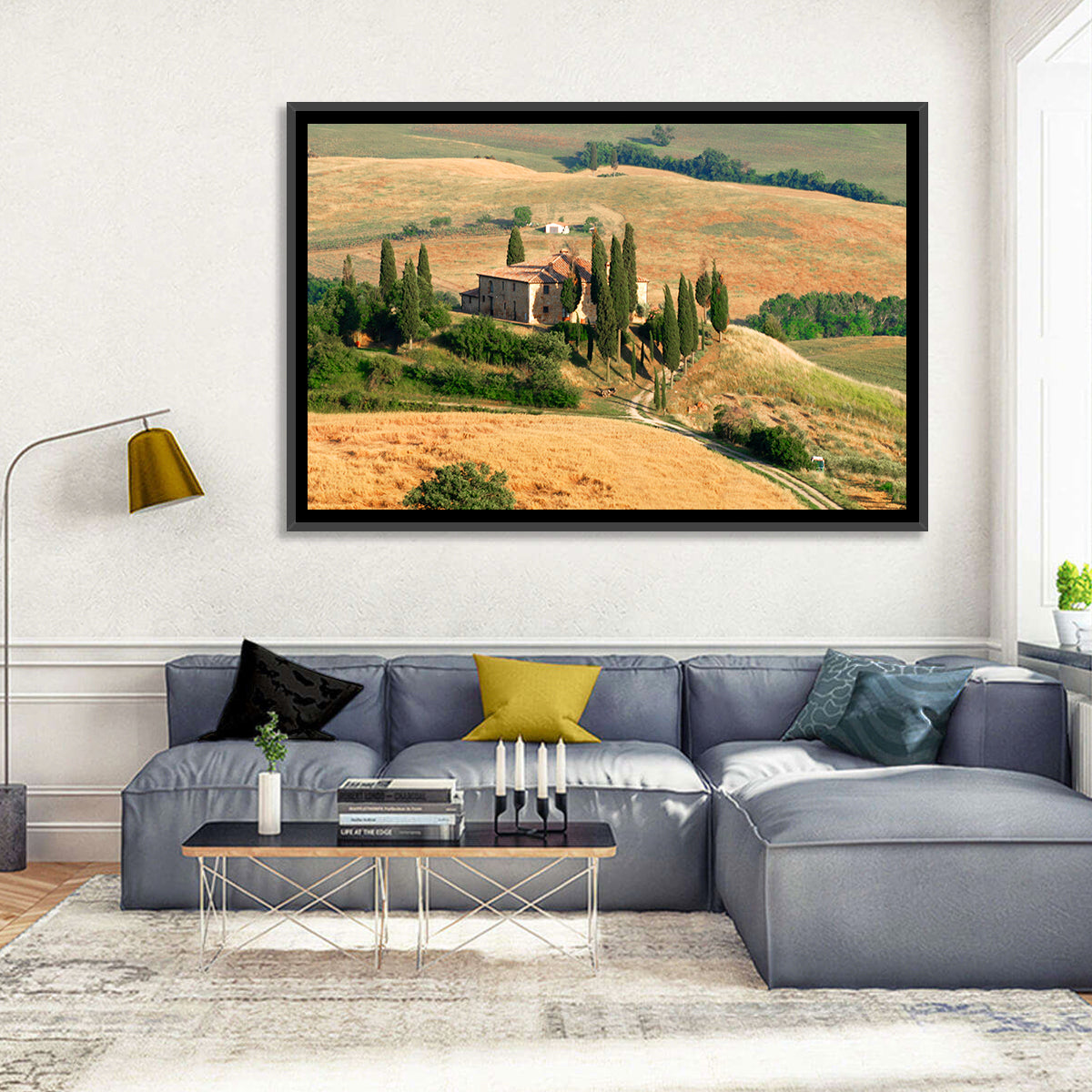 Golden Cypress Hill Villa Wall Art in a room, landscape