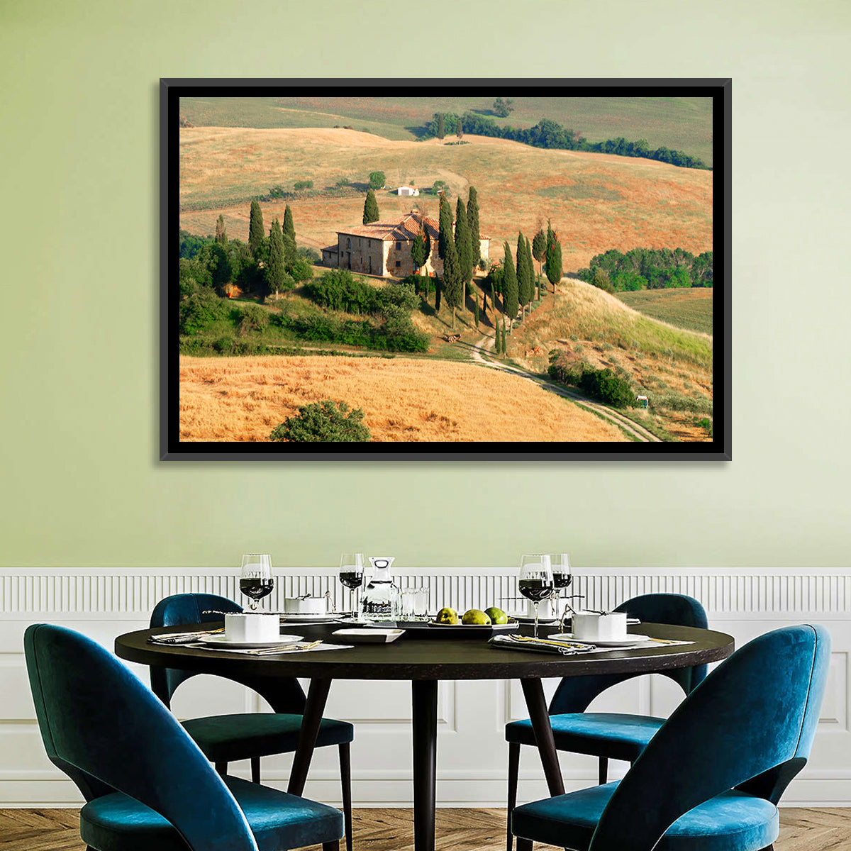 Golden Cypress Hill Villa Wall Art in a room, landscape