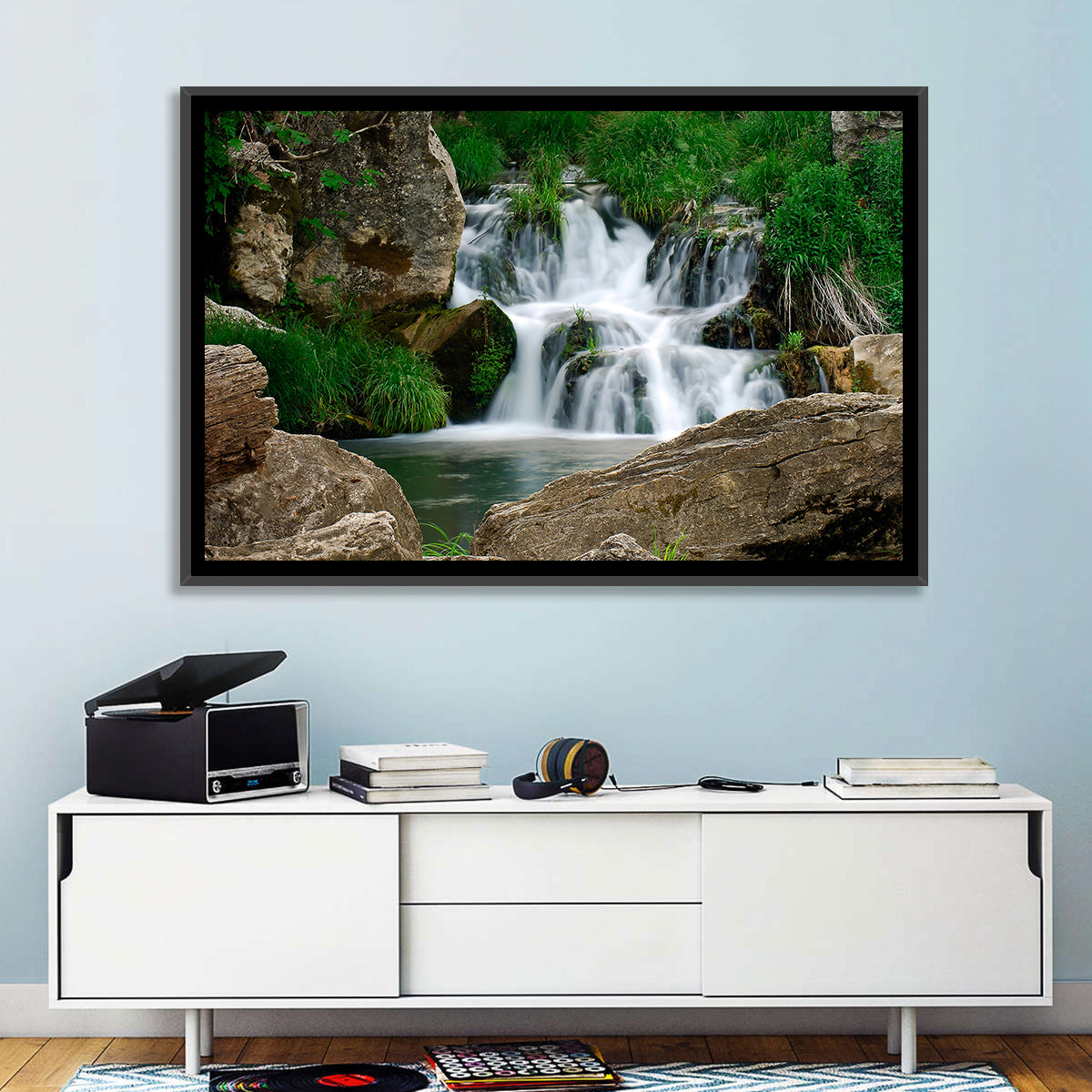 Moss Covered Rocky Waterfall Wall Art in a room, landscape