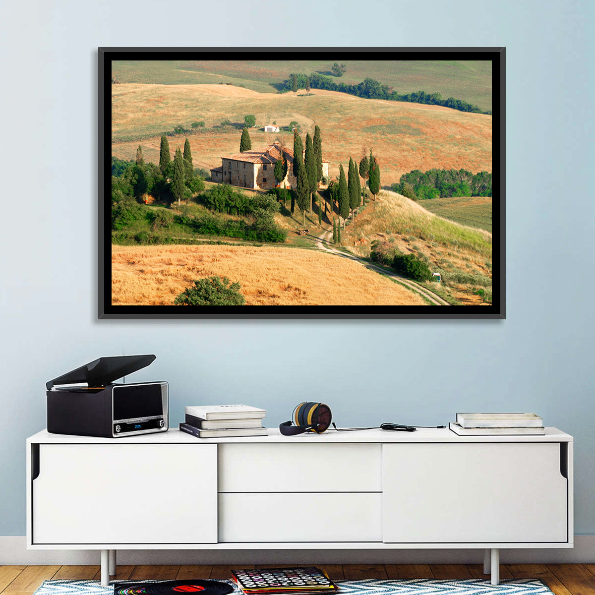 Golden Cypress Hill Villa Wall Art in a room, landscape