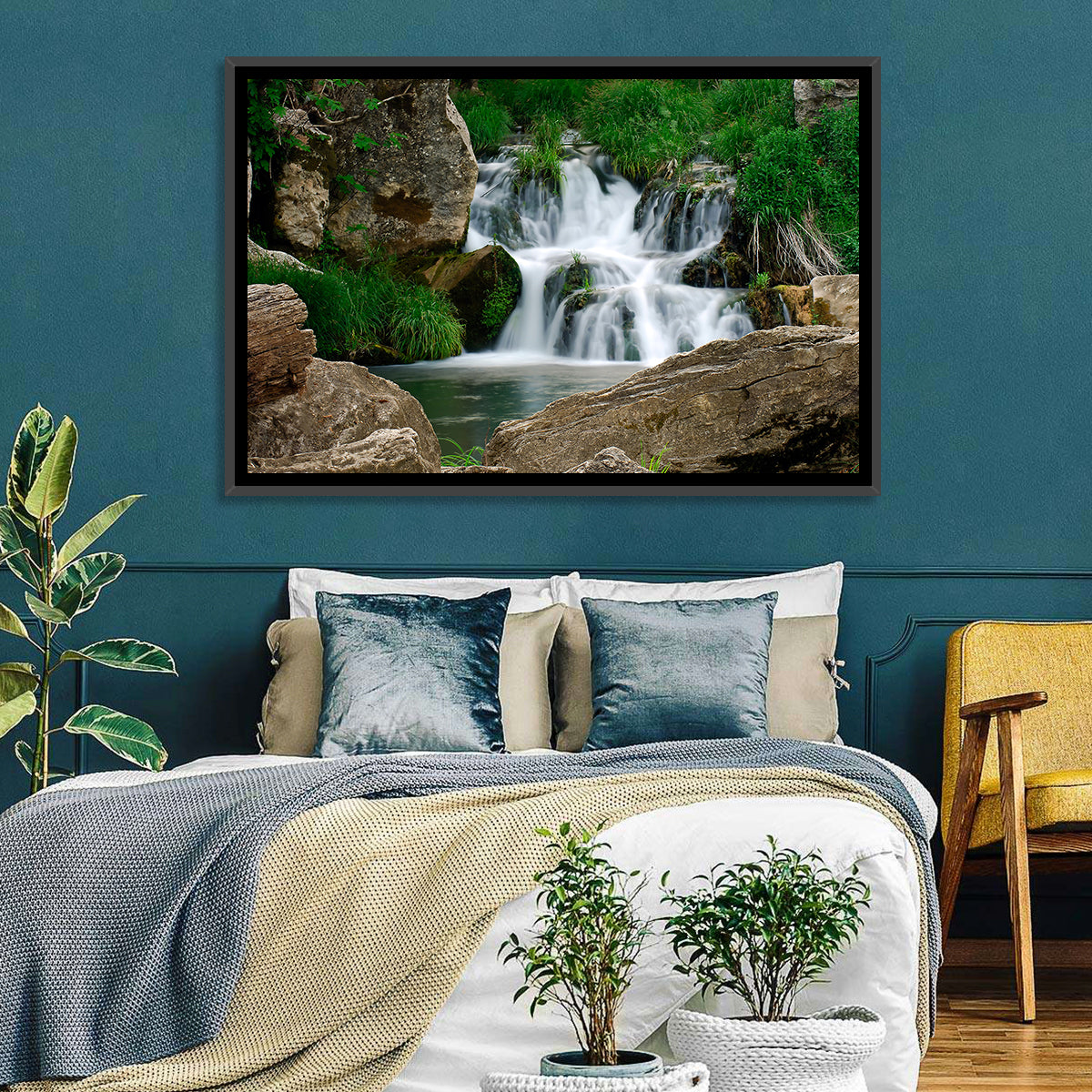 Moss Covered Rocky Waterfall Wall Art in a room, landscape