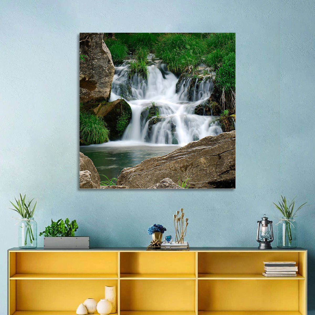 Moss Covered Rocky Waterfall Wall Art in a room, landscape