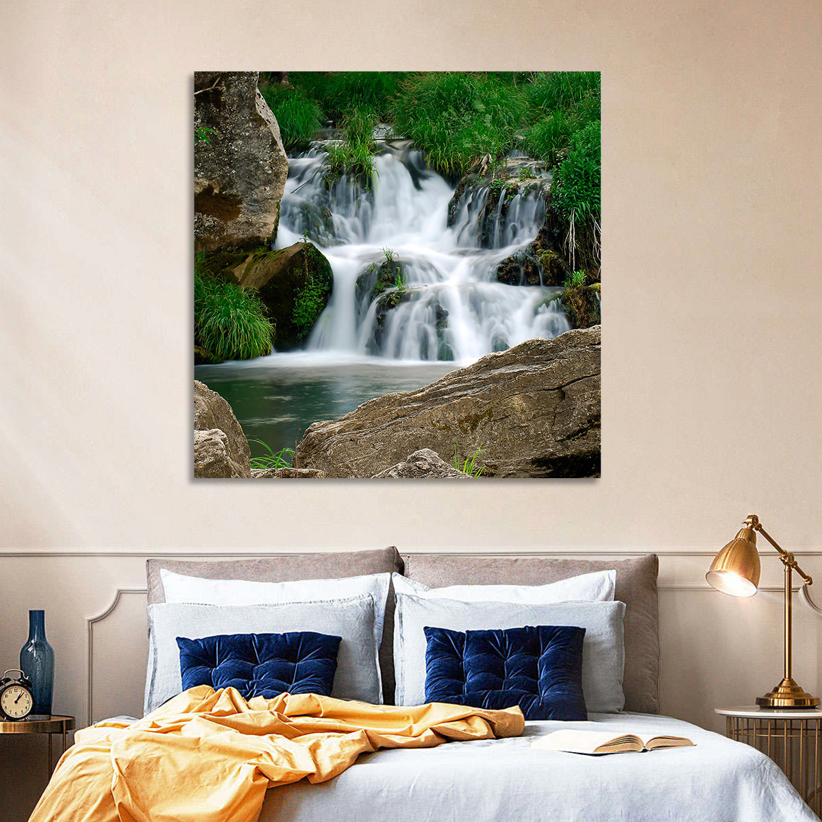 Moss Covered Rocky Waterfall Wall Art in a room, landscape