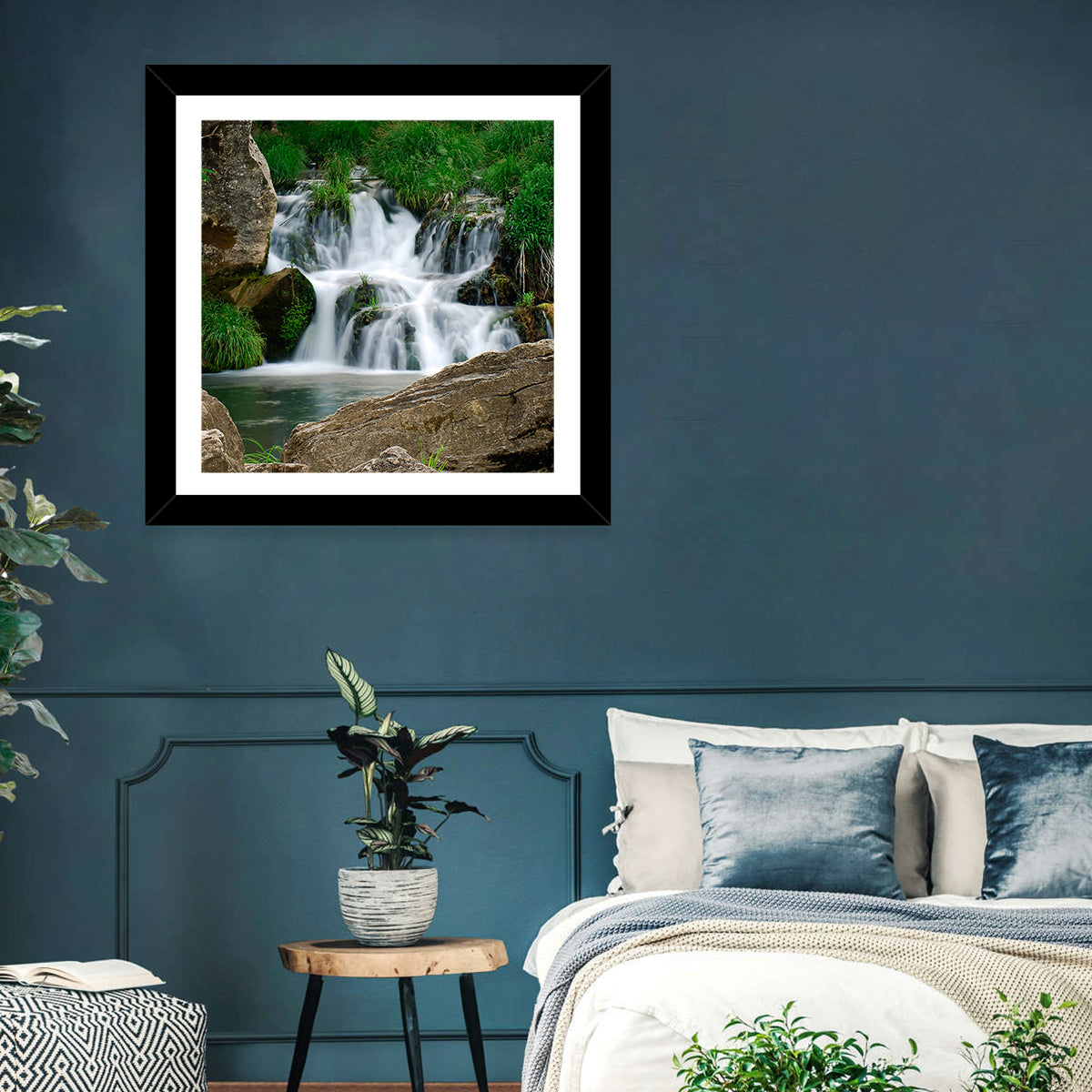 Moss Covered Rocky Waterfall Wall Art in a room, landscape