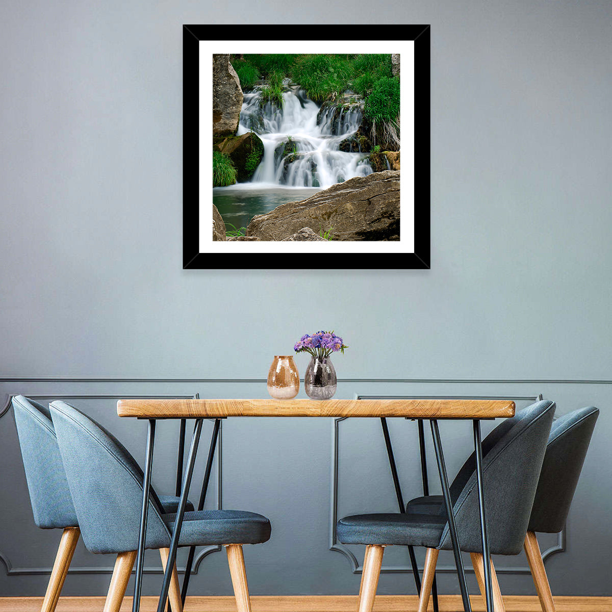 Moss Covered Rocky Waterfall Wall Art in a room, landscape