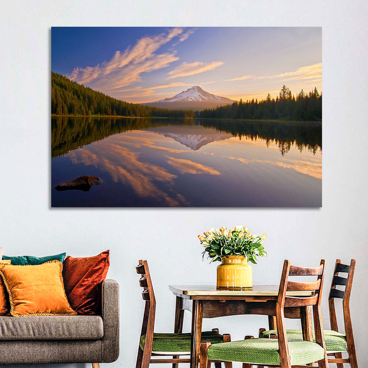 Mount Hood Reflection at Trillium Lake Wall Art in a room, landscape