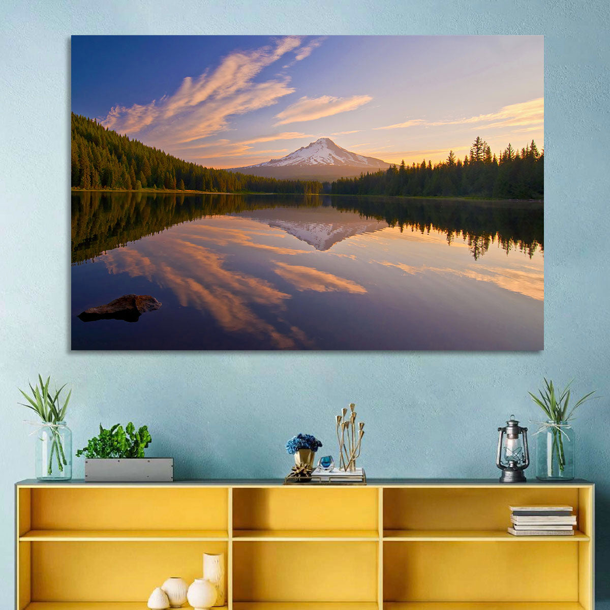 Mount Hood Reflection at Trillium Lake Wall Art in a room, landscape