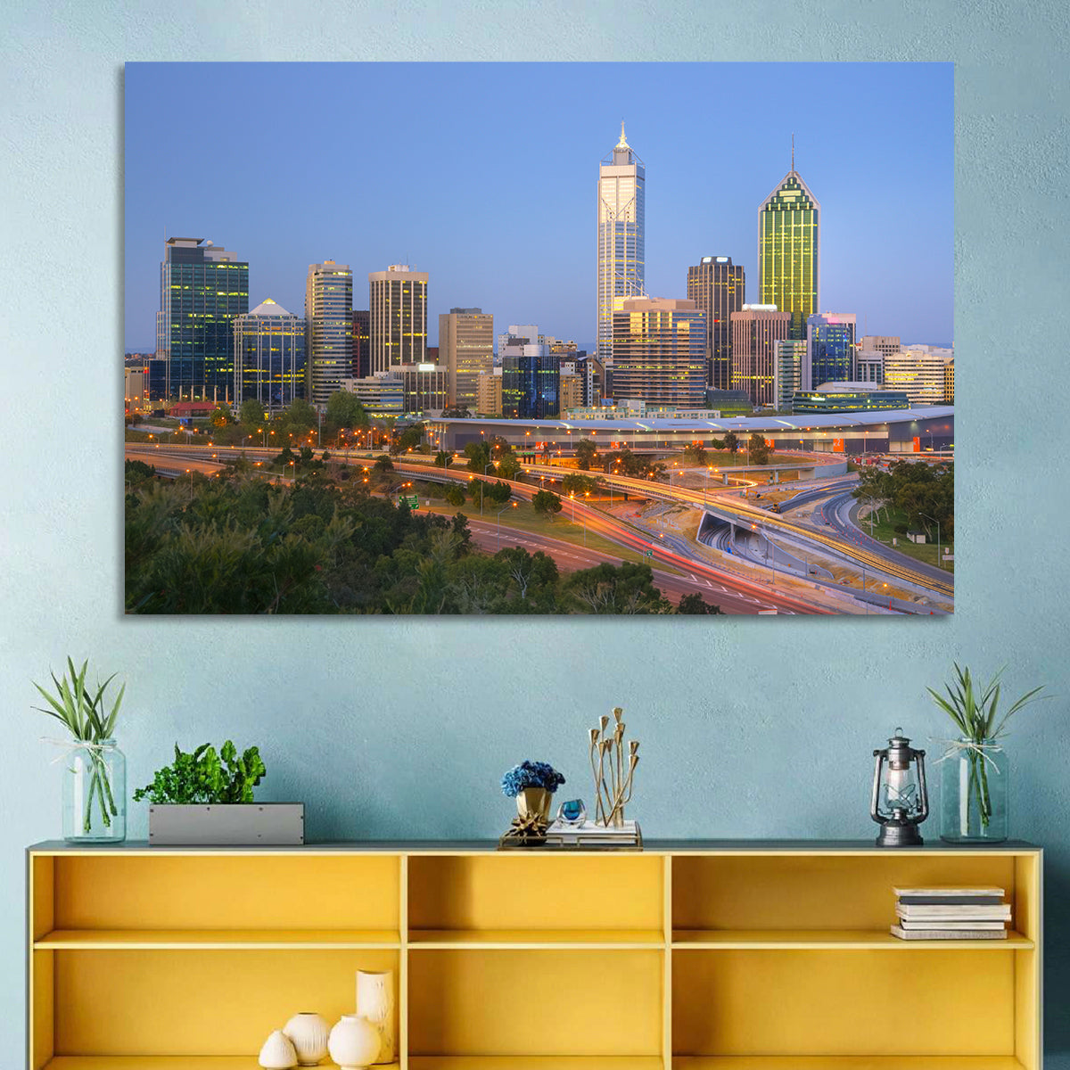 Perth Skyline at Dusk Wall Art in a room, landscape