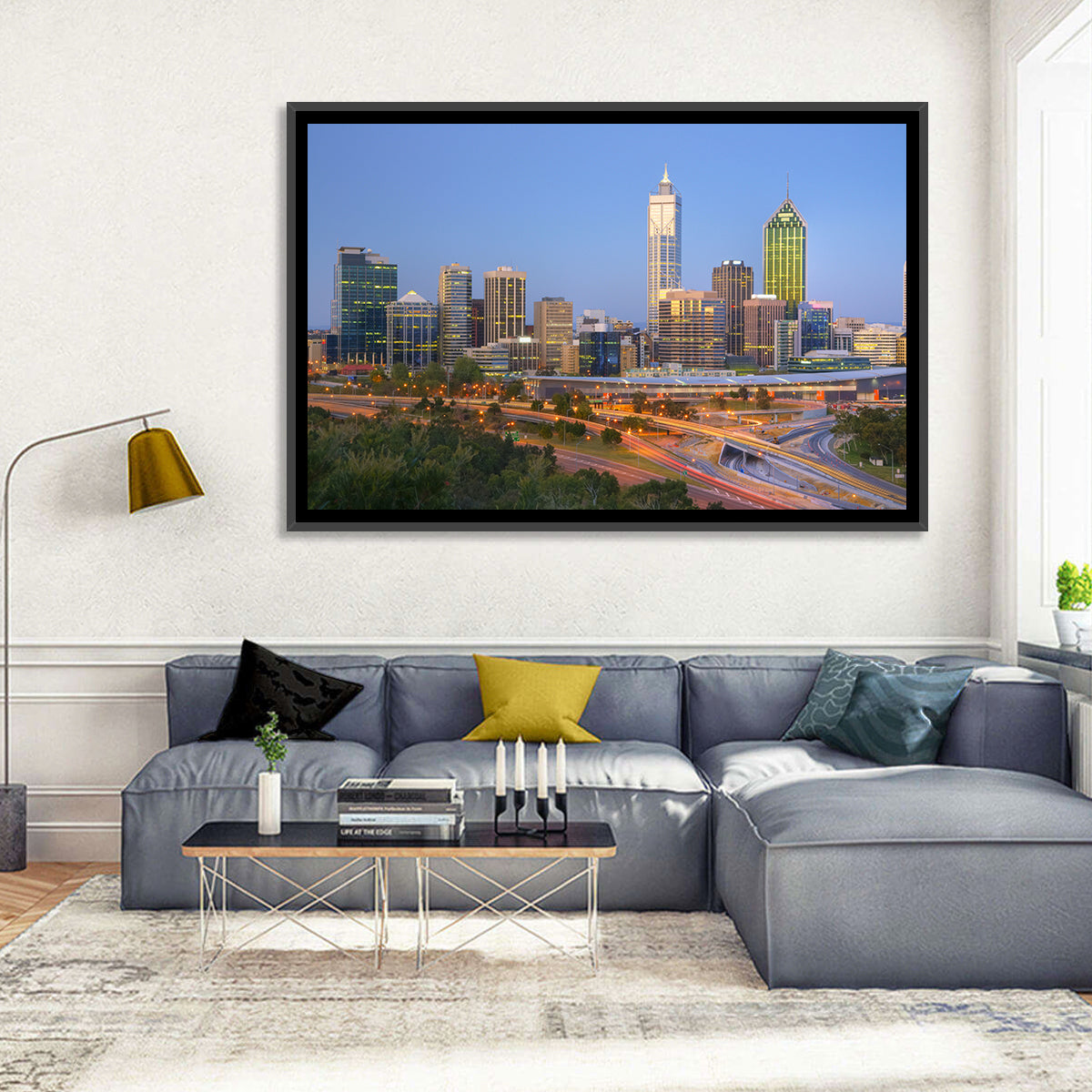 Perth Skyline at Dusk Wall Art in a room, landscape