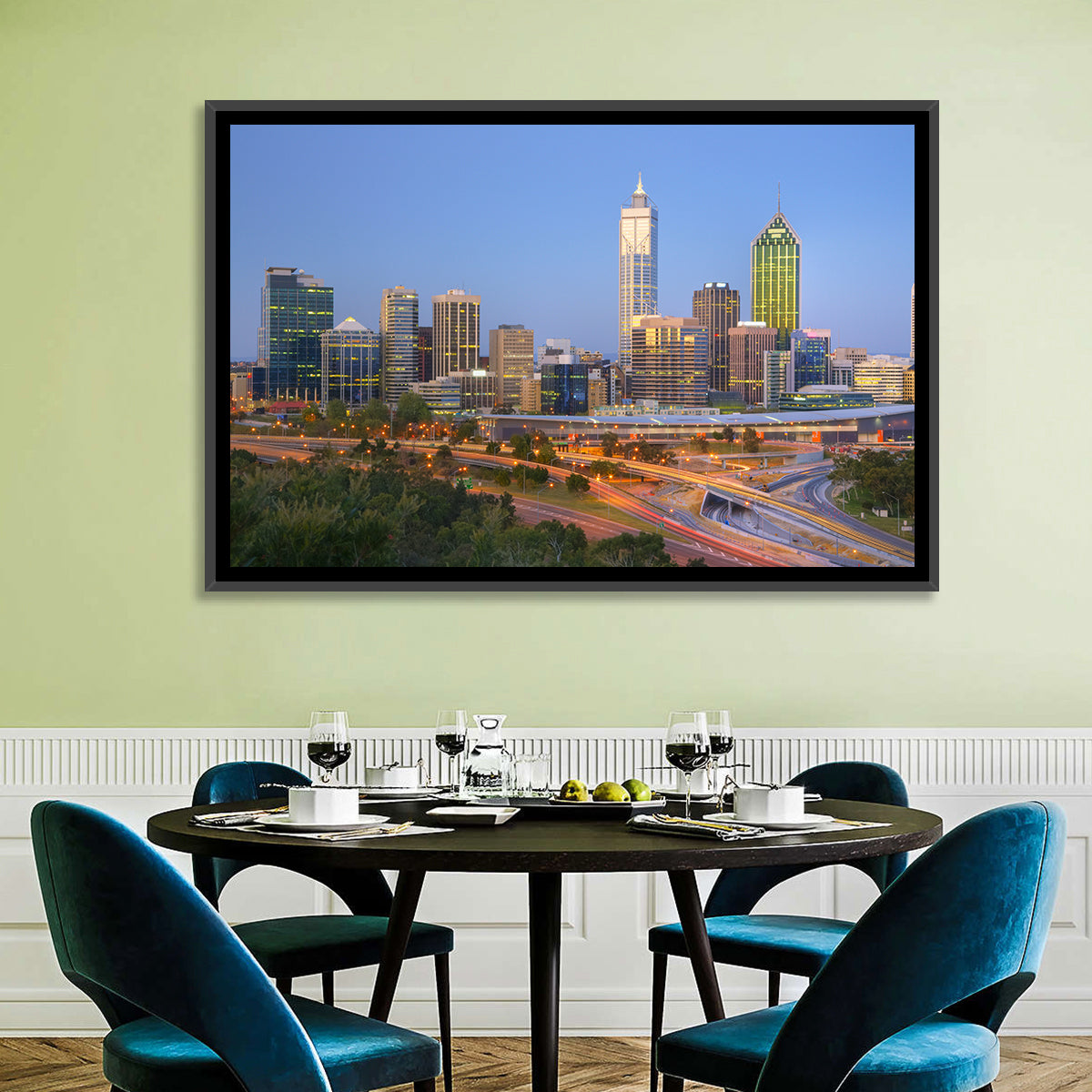 Perth Skyline at Dusk Wall Art in a room, landscape