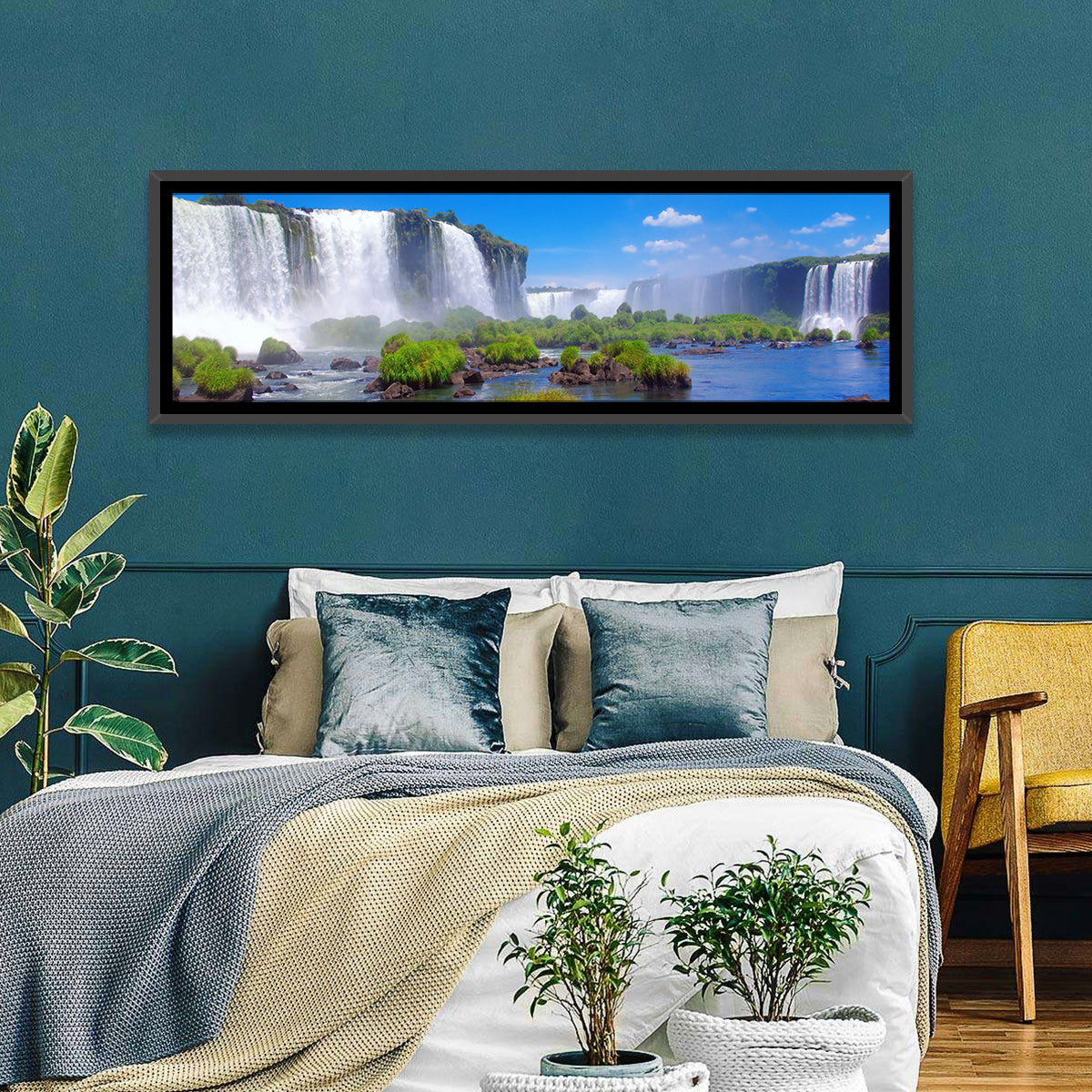 Iguazu Falls Daylight View Wall Art in a room, panoramic