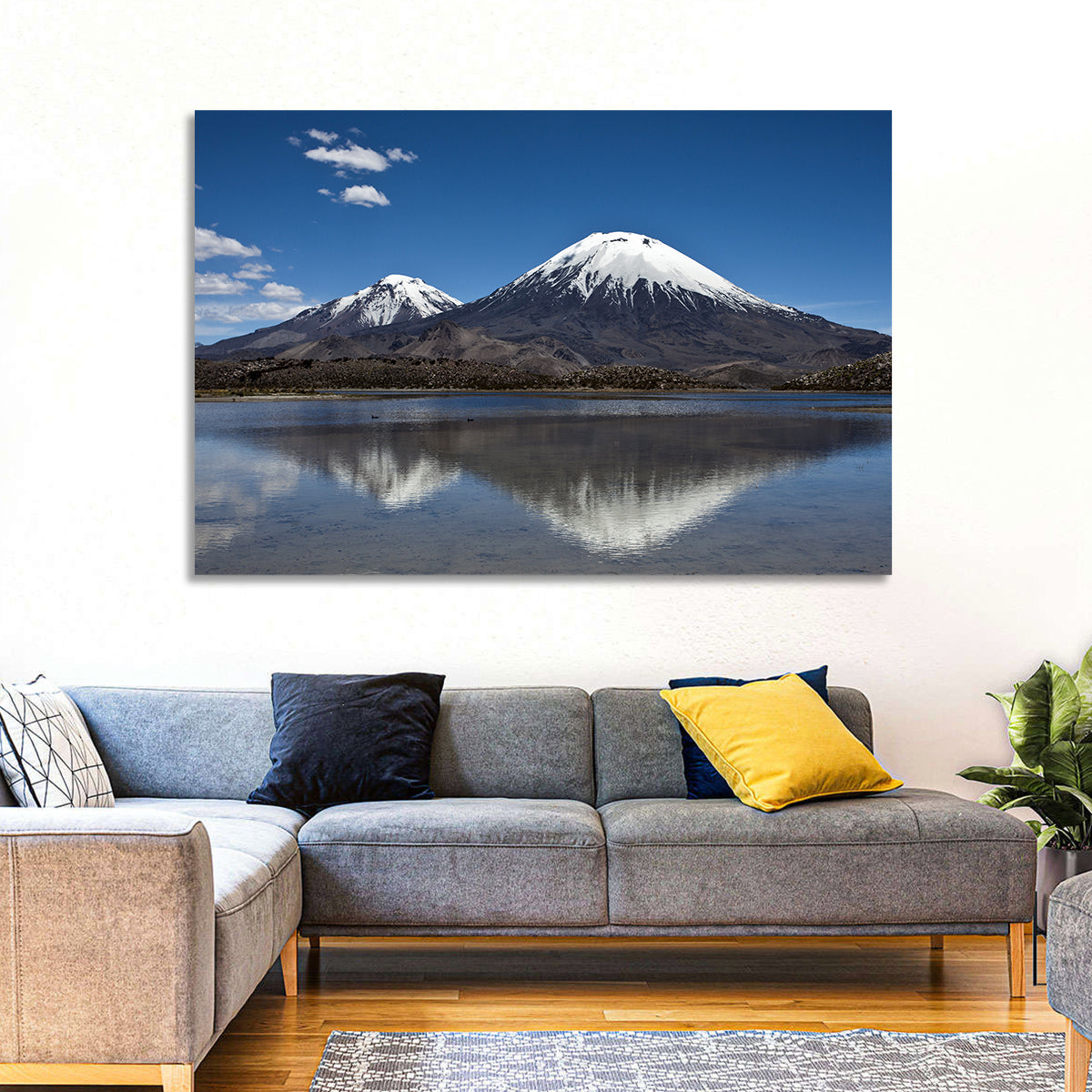 Parinacota Volcano Reflection Wall Art in a room, landscape