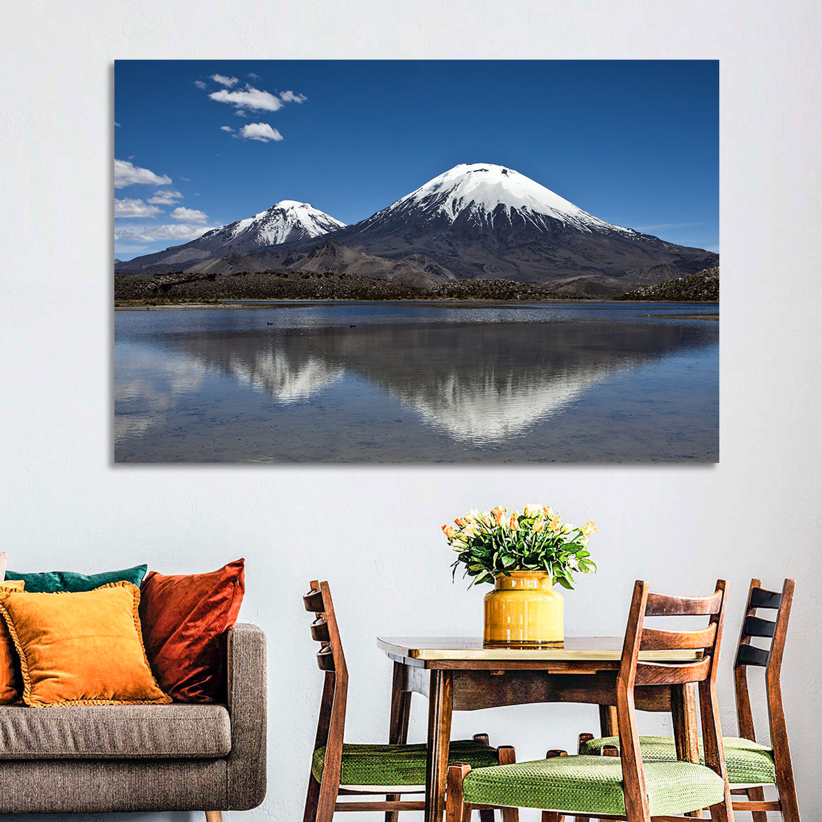 Parinacota Volcano Reflection Wall Art in a room, landscape