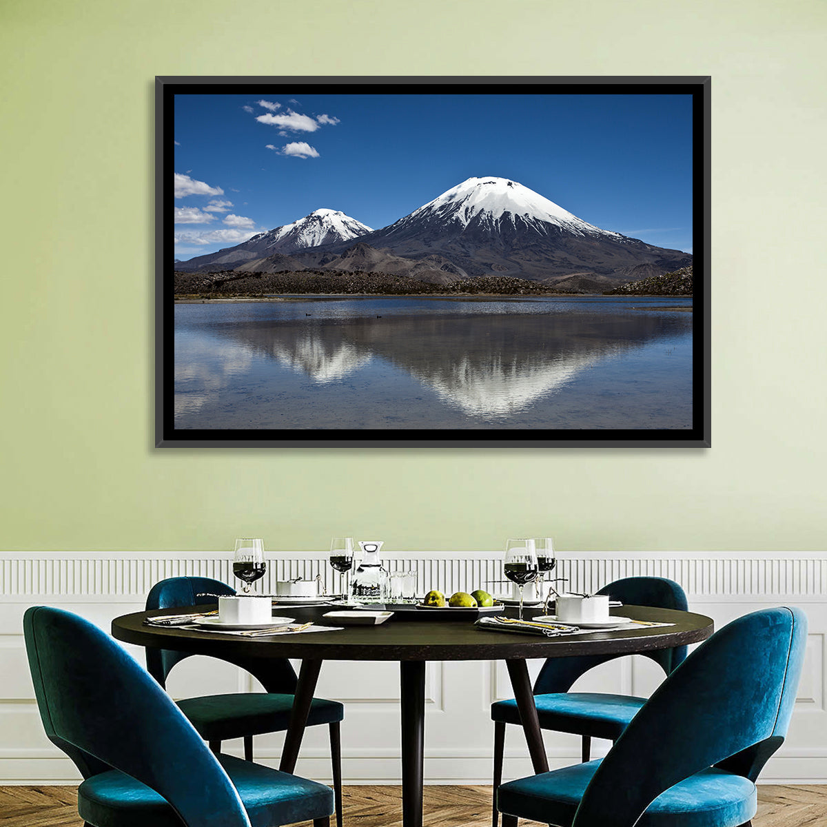 Parinacota Volcano Reflection Wall Art in a room, landscape