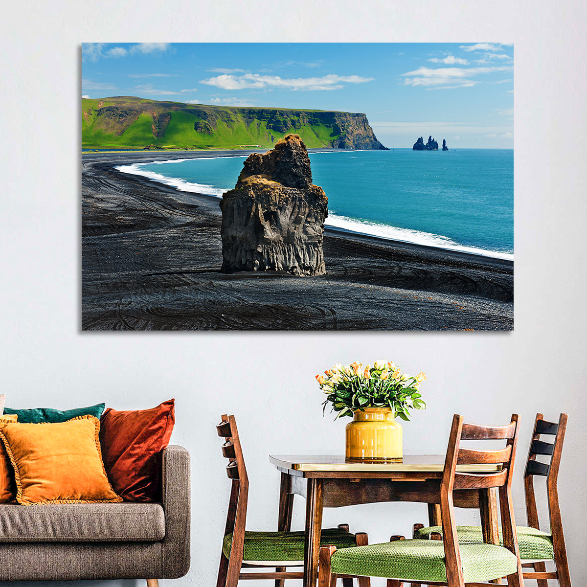 Dyrhólaey Volcanic Beach Wall Art in a room, landscape