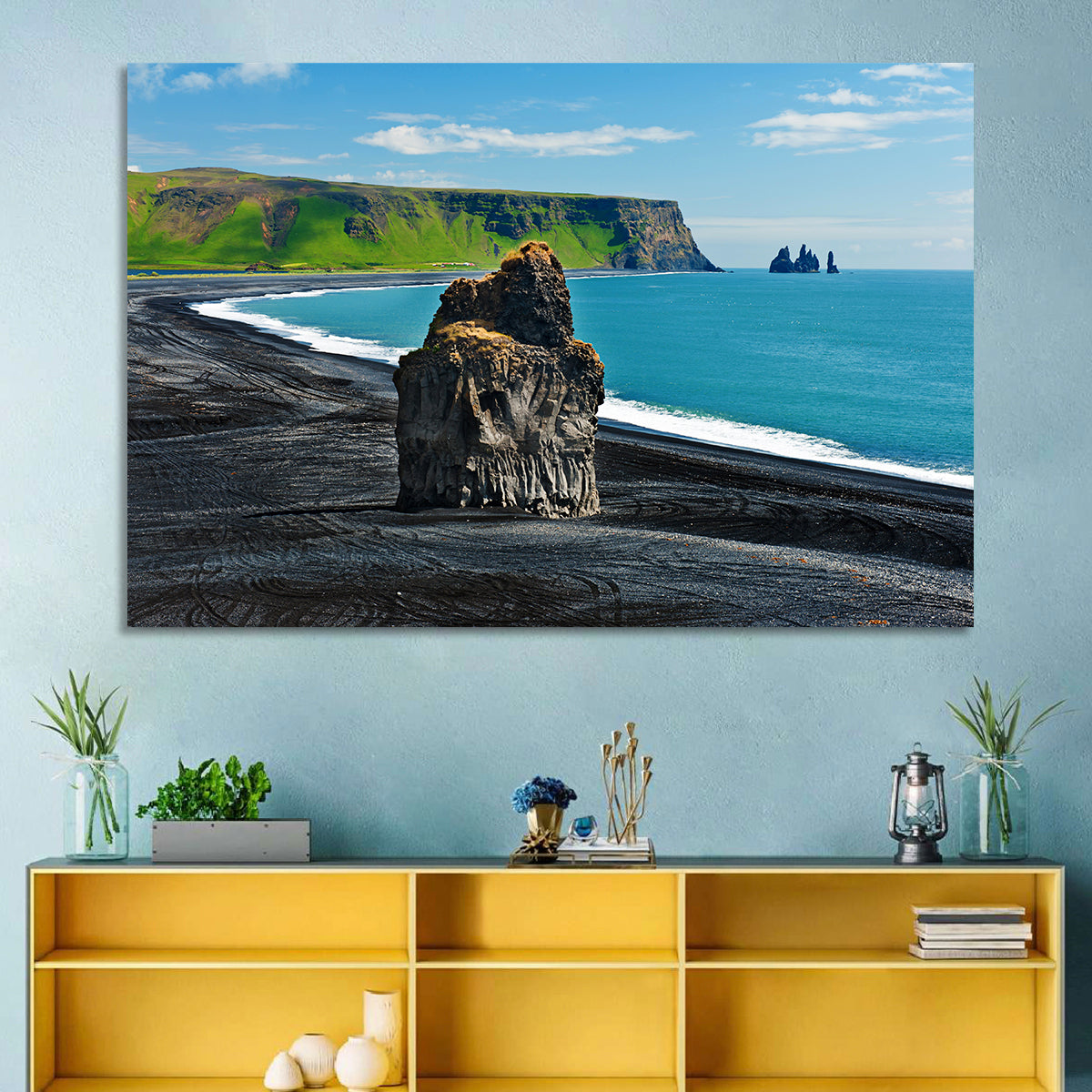 Dyrhólaey Volcanic Beach Wall Art in a room, landscape