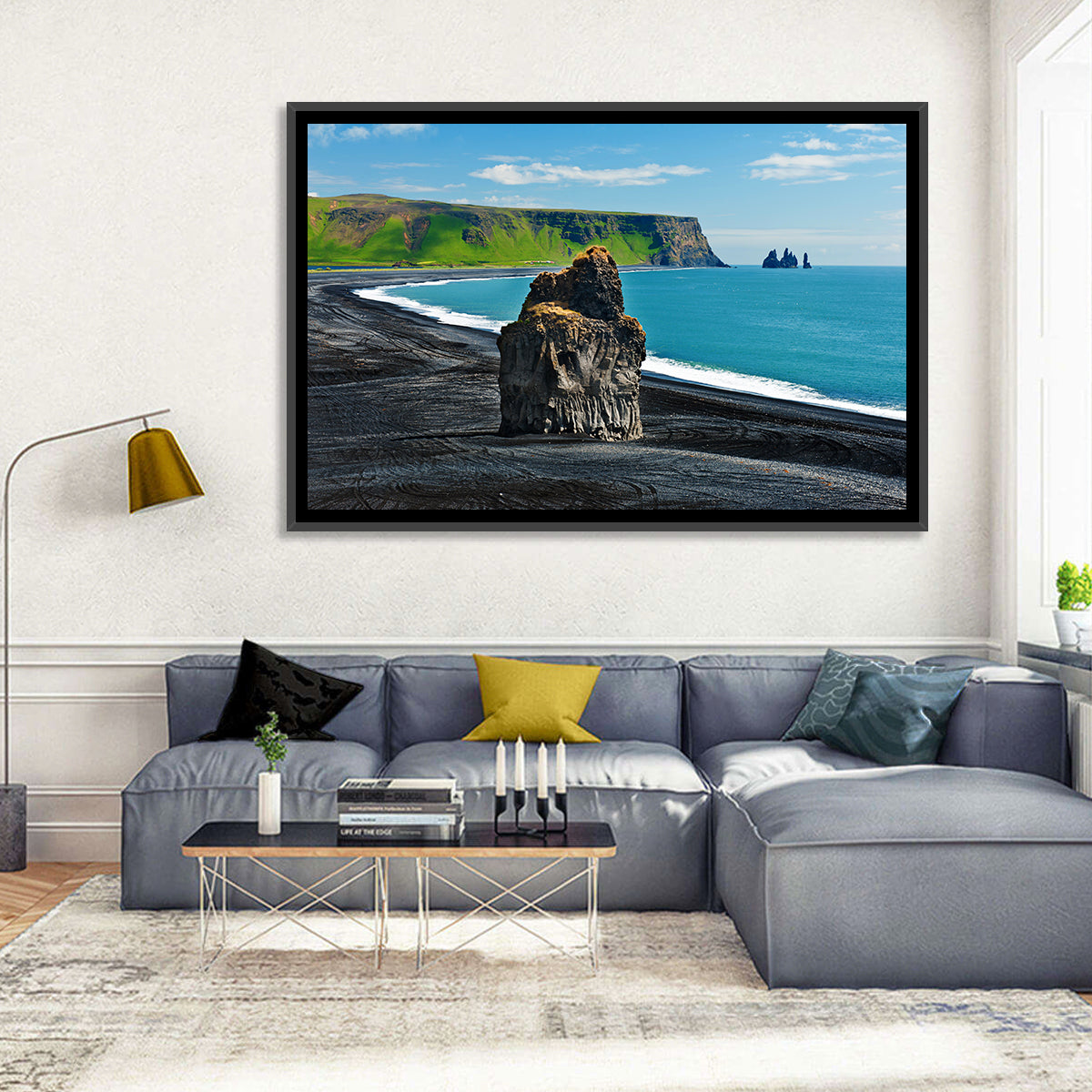 Dyrhólaey Volcanic Beach Wall Art in a room, landscape