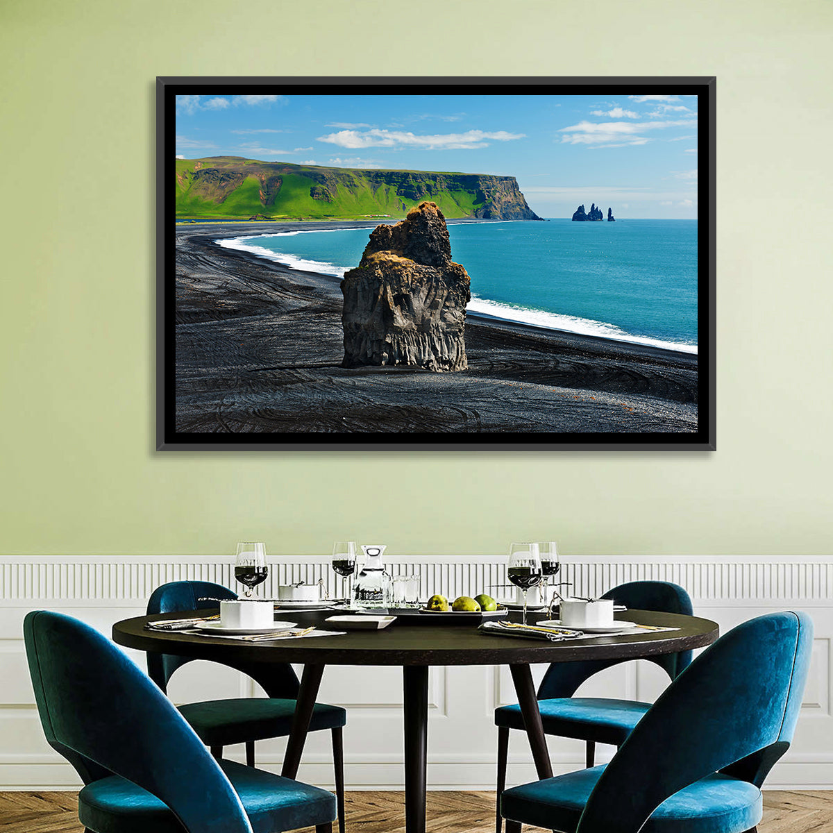 Dyrhólaey Volcanic Beach Wall Art in a room, landscape
