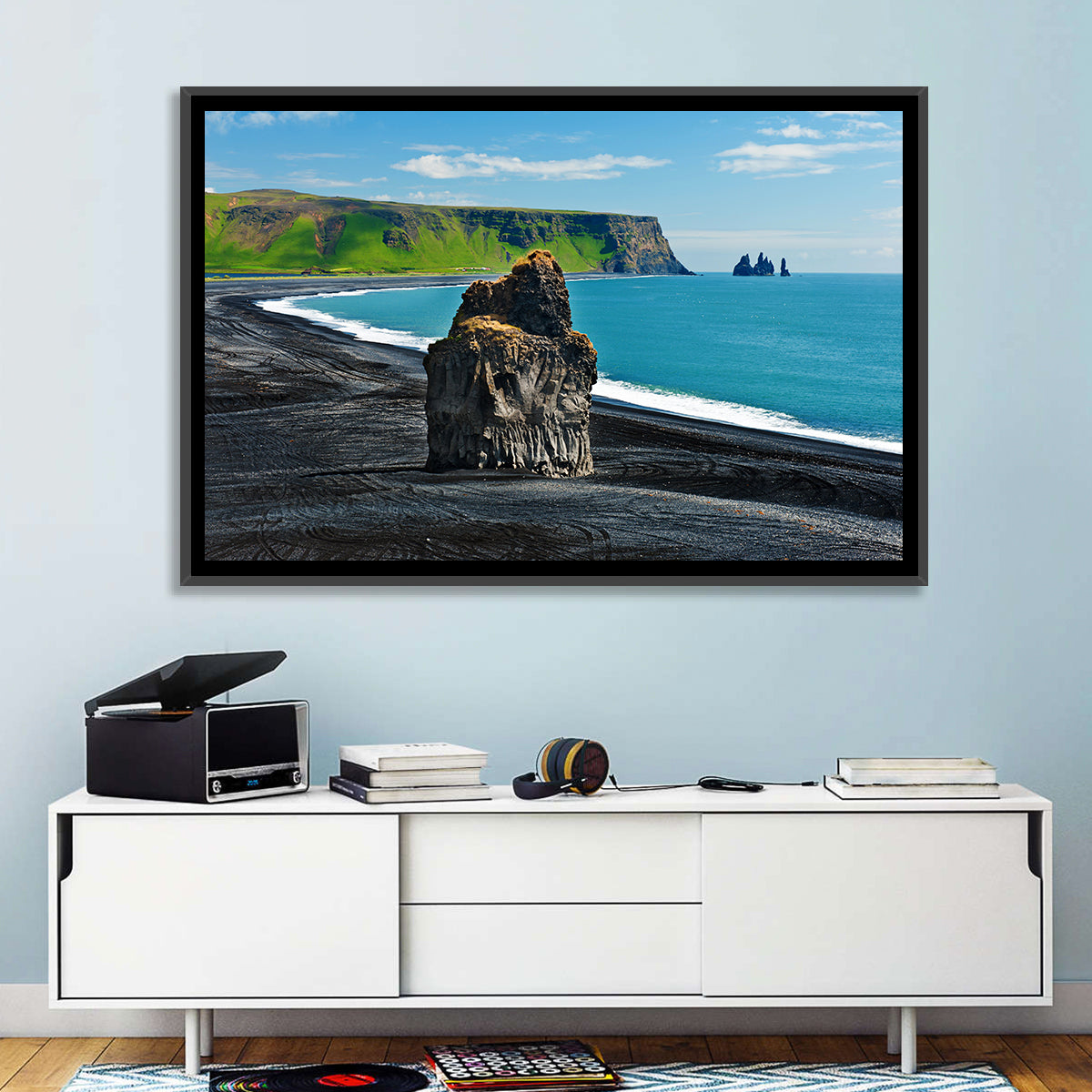 Dyrhólaey Volcanic Beach Wall Art in a room, landscape