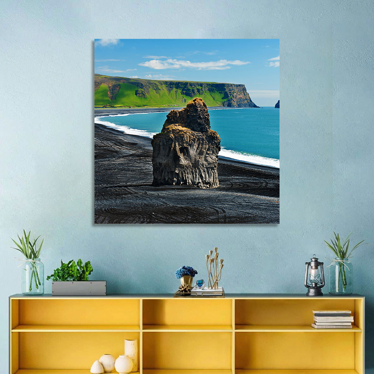 Dyrhólaey Volcanic Beach Wall Art in a room, landscape