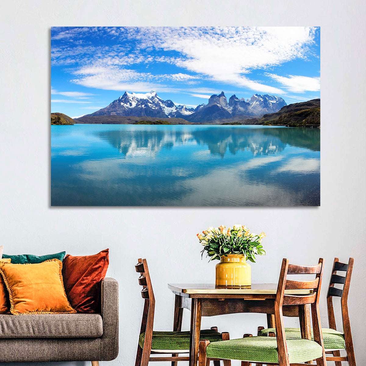 Torres Del Paine Reflection Wall Art in a room, landscape