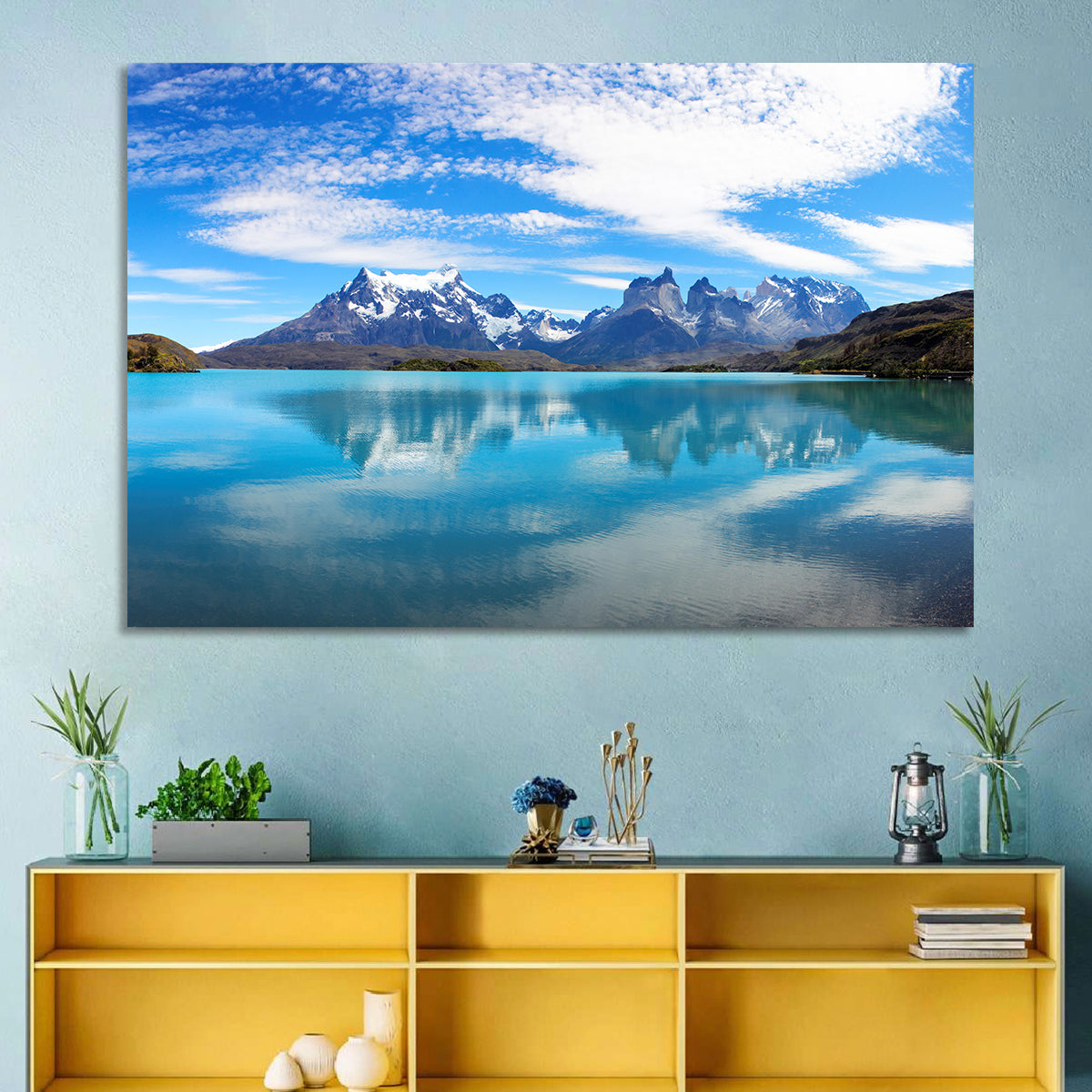 Torres Del Paine Reflection Wall Art in a room, landscape