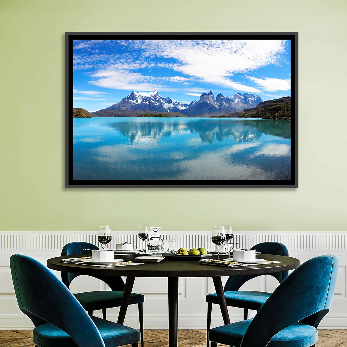 Torres Del Paine Reflection Wall Art in a room, landscape