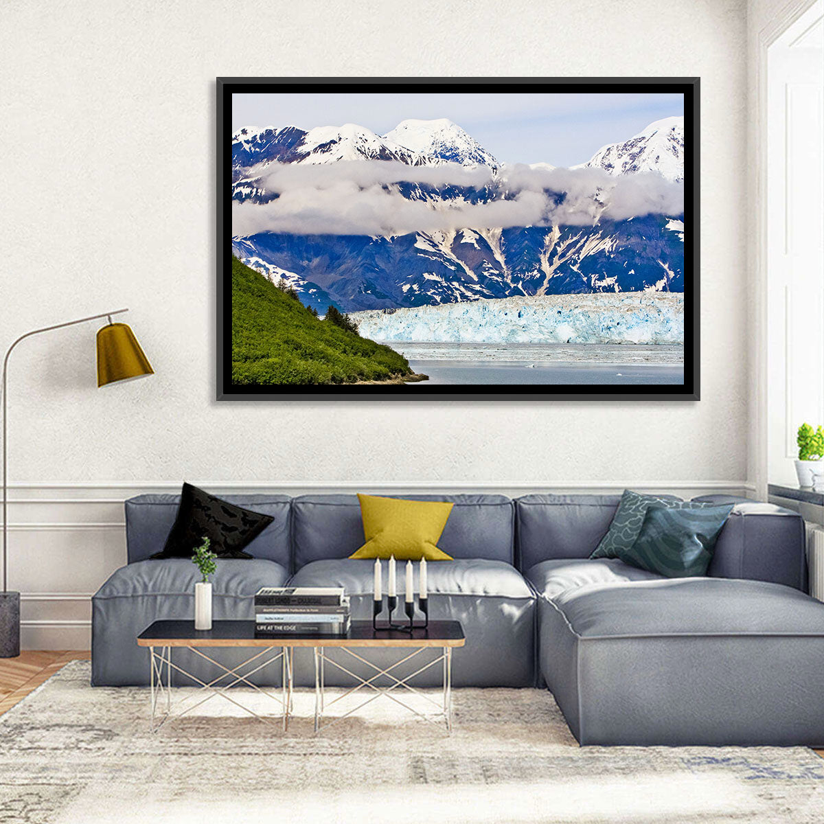 Hubbard Glacier and Snowcapped Peaks Wall Art in a room, landscape