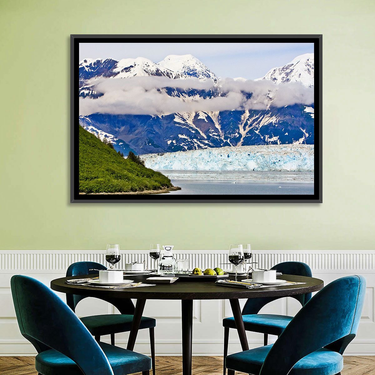 Hubbard Glacier and Snowcapped Peaks Wall Art in a room, landscape