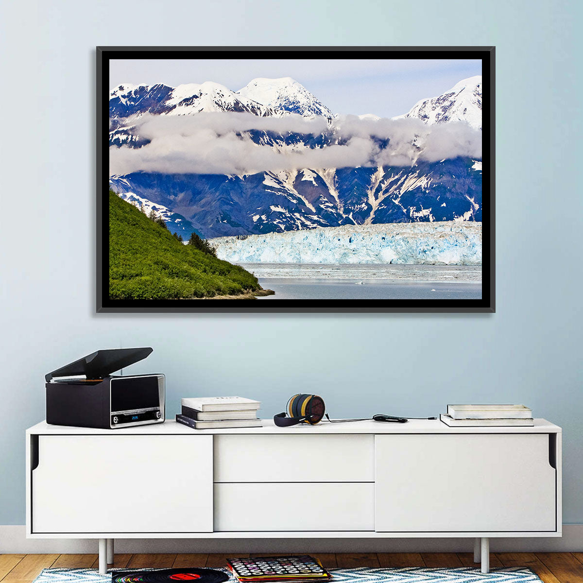 Hubbard Glacier and Snowcapped Peaks Wall Art in a room, landscape