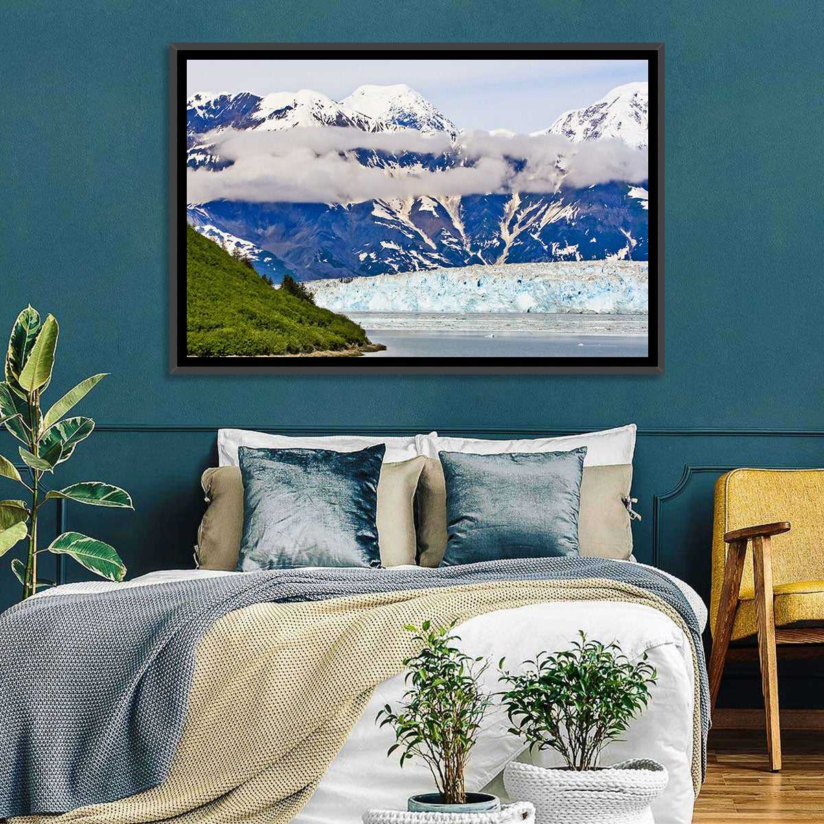 Hubbard Glacier and Snowcapped Peaks Wall Art in a room, landscape