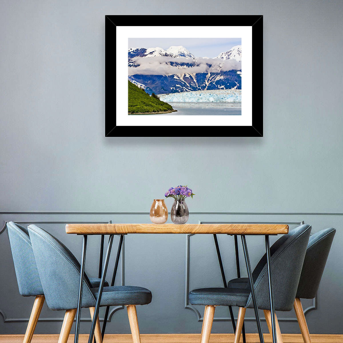 Hubbard Glacier and Snowcapped Peaks Wall Art in a room, landscape