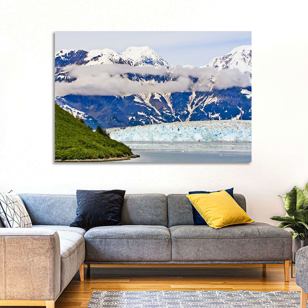 Hubbard Glacier and Snowcapped Peaks Wall Art in a room, landscape