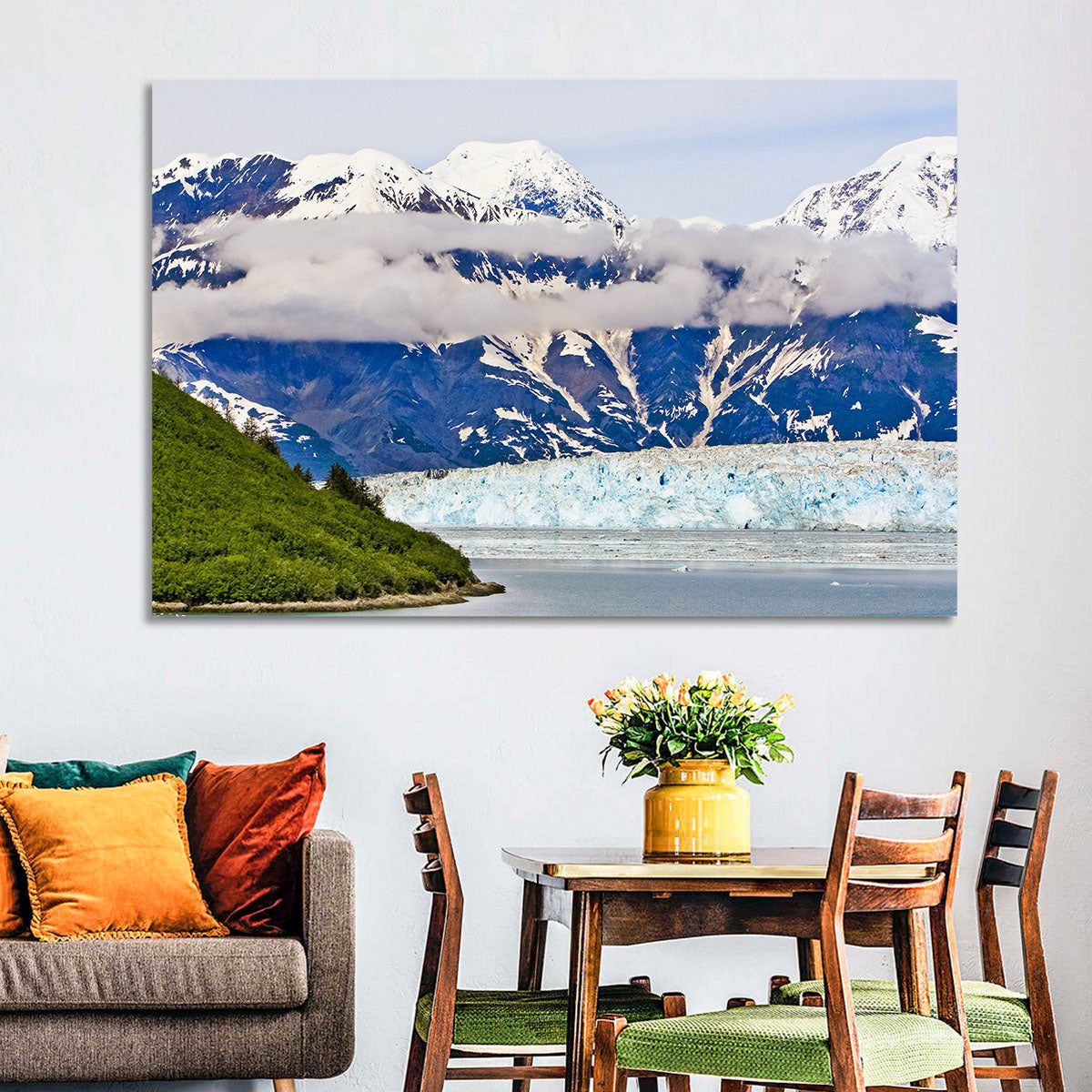 Hubbard Glacier and Snowcapped Peaks Wall Art in a room, landscape