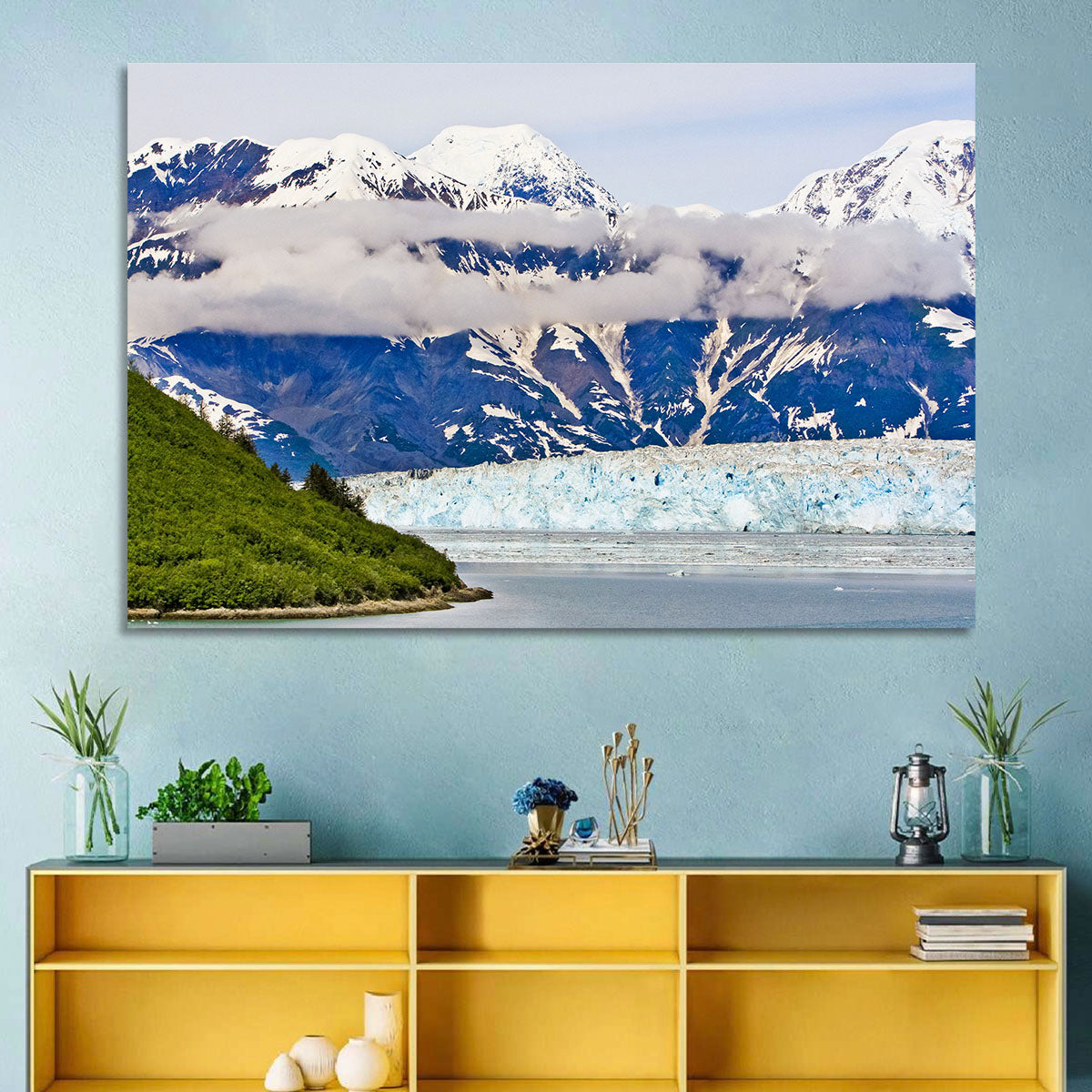 Hubbard Glacier and Snowcapped Peaks Wall Art in a room, landscape