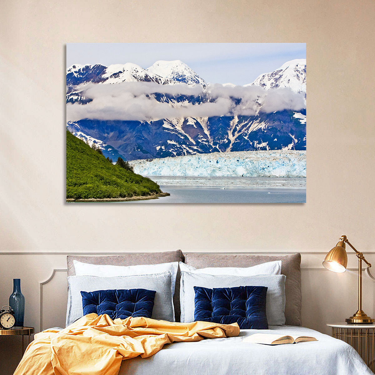 Hubbard Glacier and Snowcapped Peaks Wall Art in a room, landscape