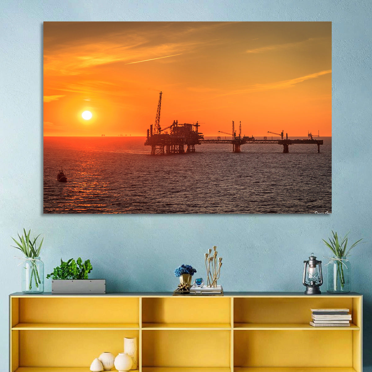 Denmark Oil Rig at Sunset Wall Art in a room, landscape