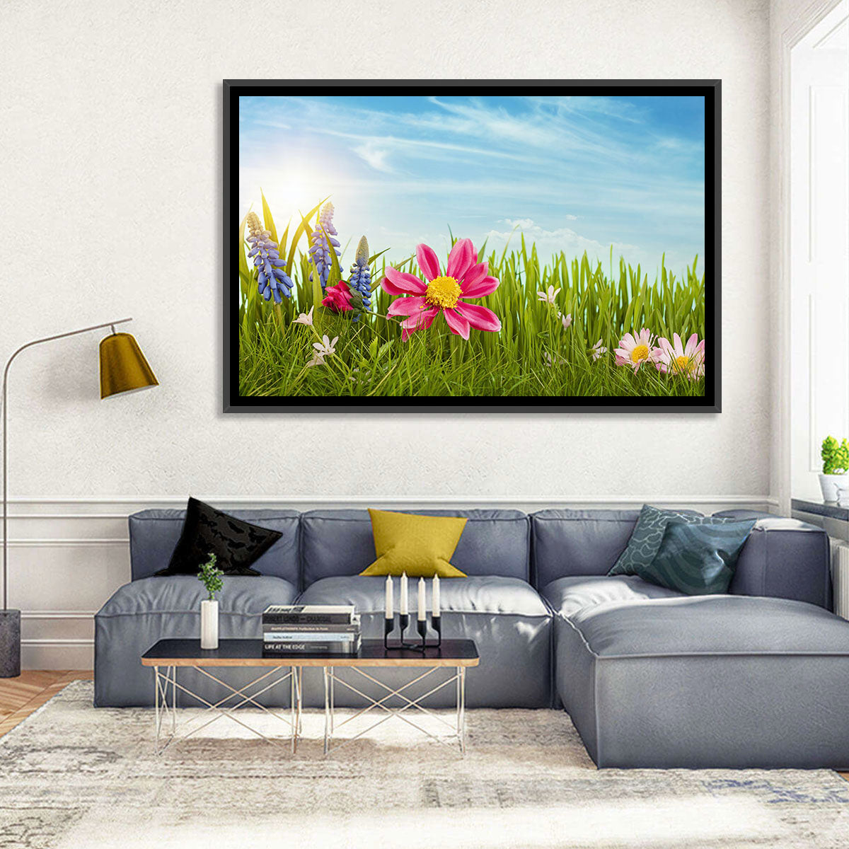 Pink Daisy and Blue Hyacinths in Spring Grass Wall Art in a room, landscape