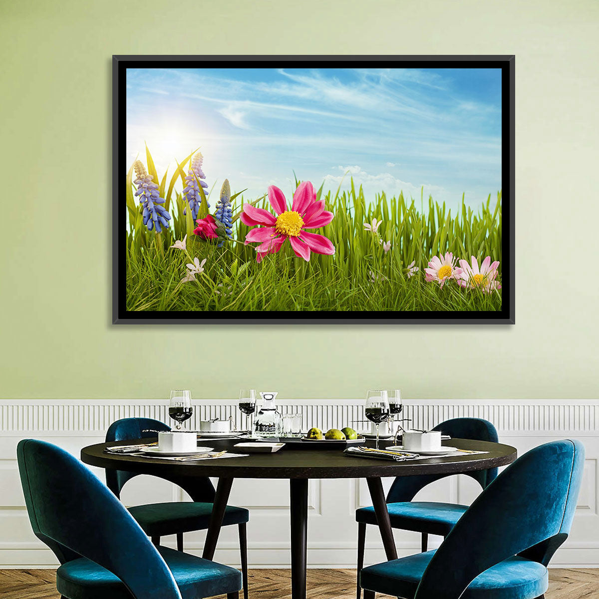 Pink Daisy and Blue Hyacinths in Spring Grass Wall Art in a room, landscape