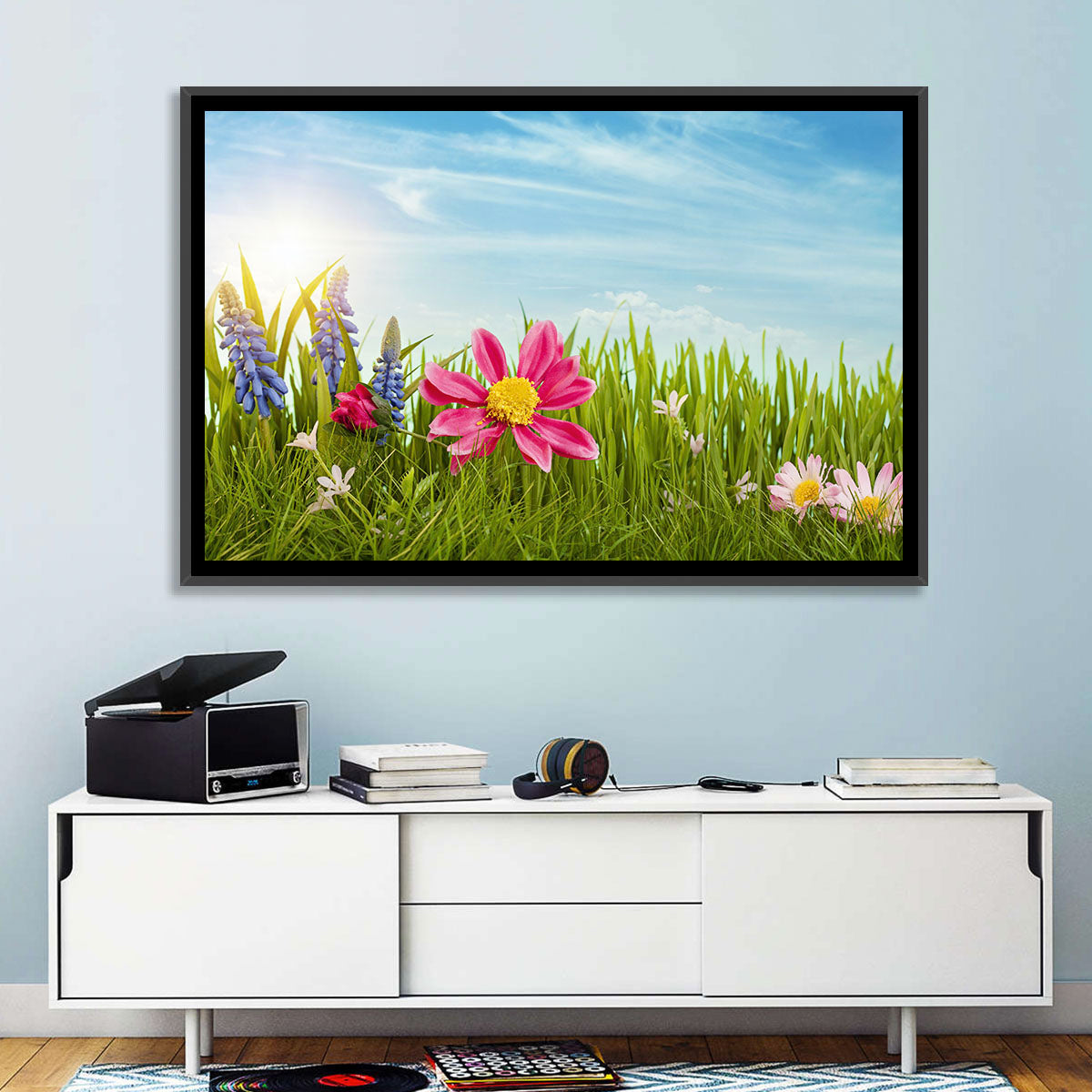 Pink Daisy and Blue Hyacinths in Spring Grass Wall Art in a room, landscape