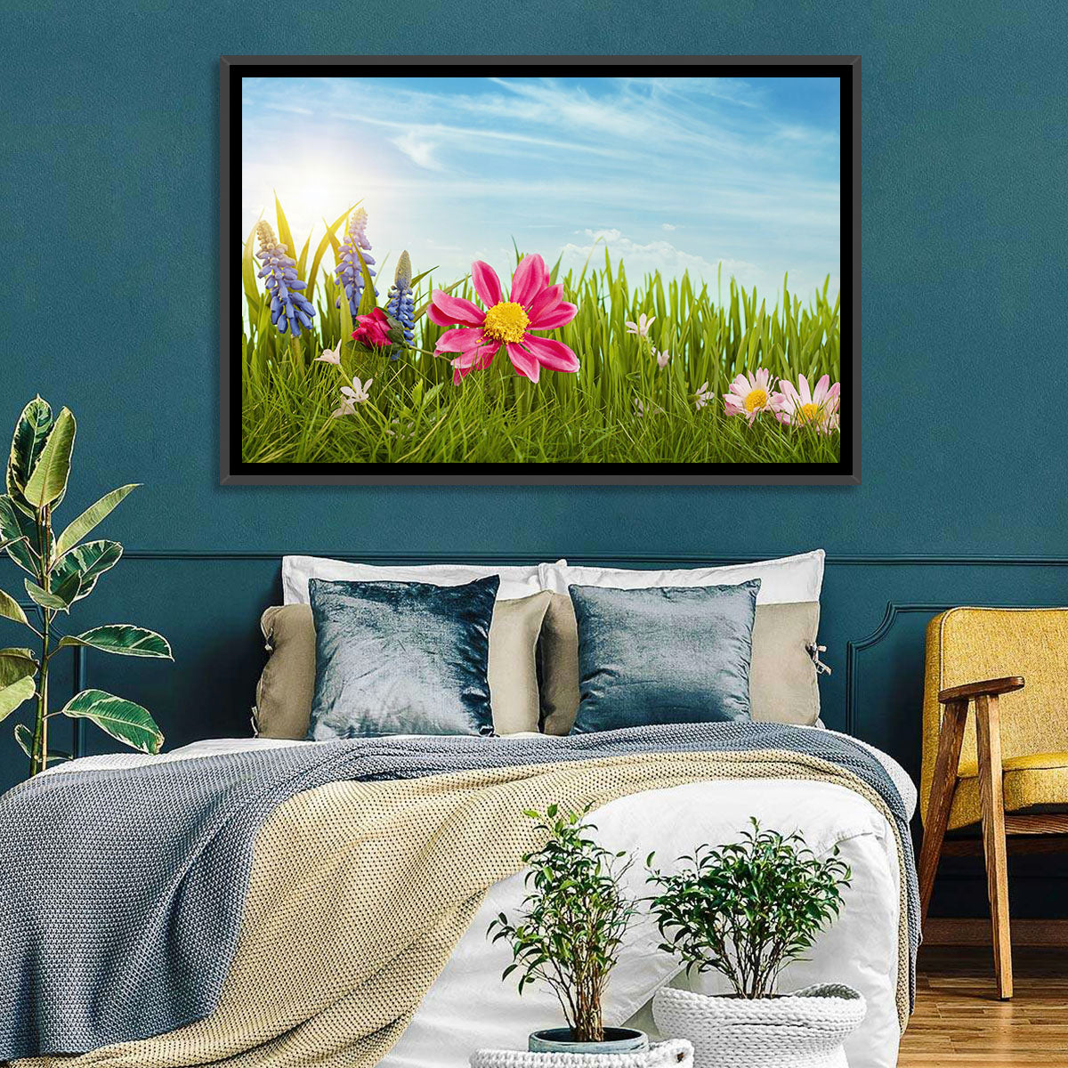 Pink Daisy and Blue Hyacinths in Spring Grass Wall Art in a room, landscape
