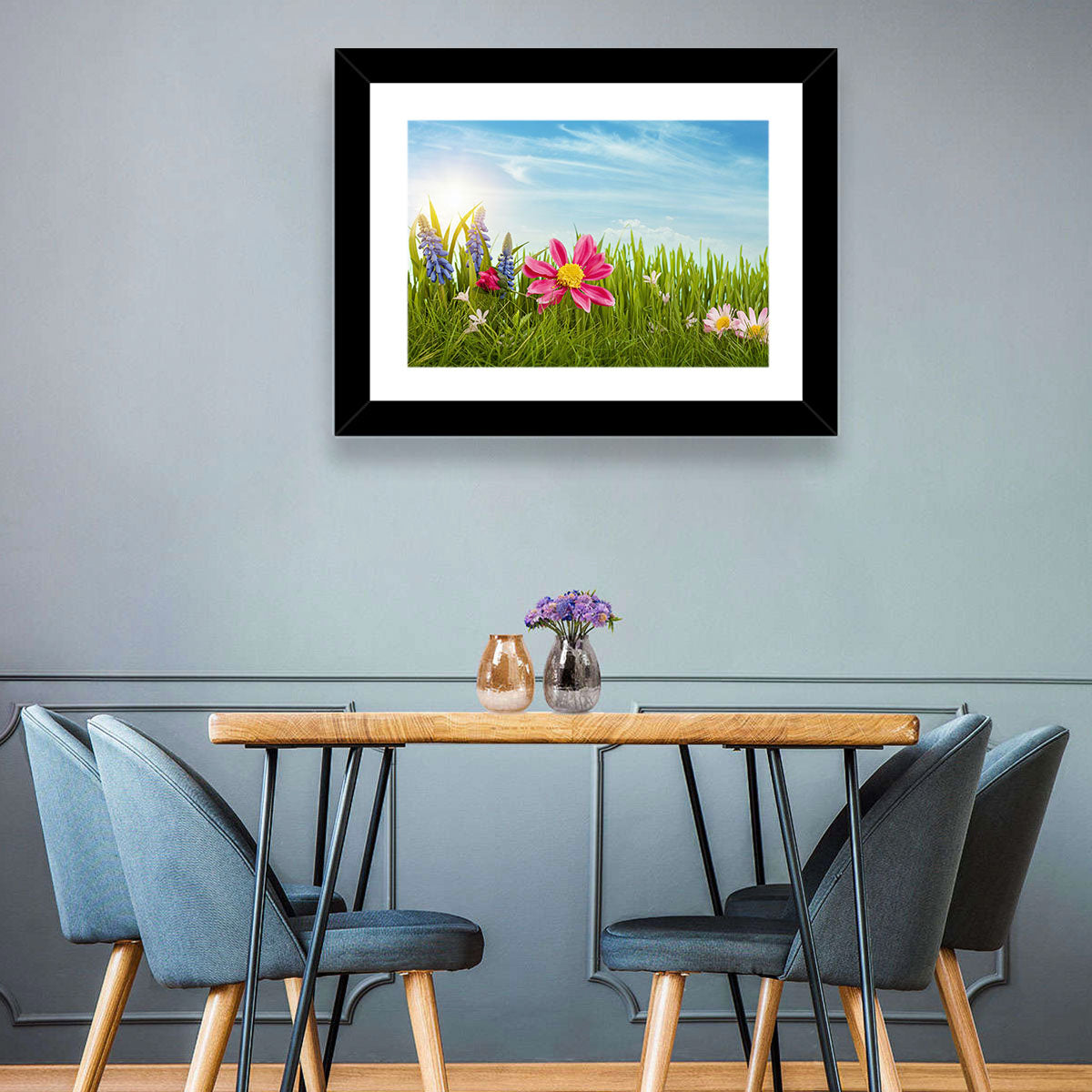 Pink Daisy and Blue Hyacinths in Spring Grass Wall Art in a room, landscape
