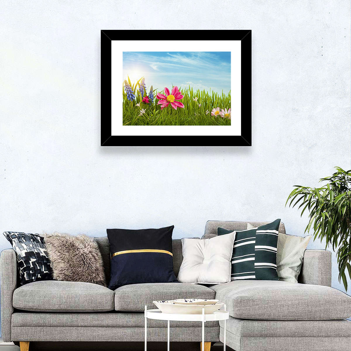 Pink Daisy and Blue Hyacinths in Spring Grass Wall Art in a room, landscape