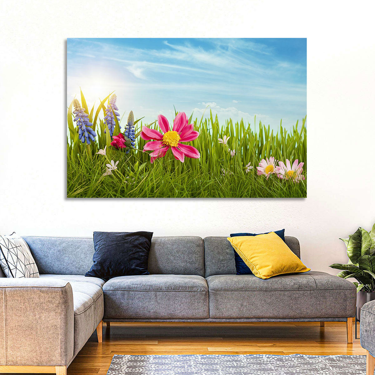 Pink Daisy and Blue Hyacinths in Spring Grass Wall Art in a room, landscape