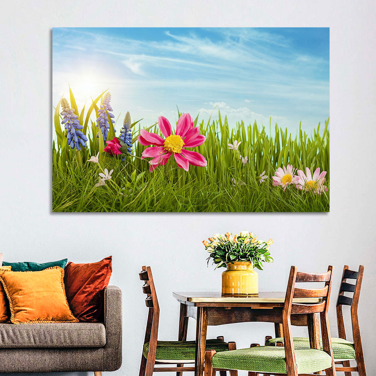 Pink Daisy and Blue Hyacinths in Spring Grass Wall Art in a room, landscape