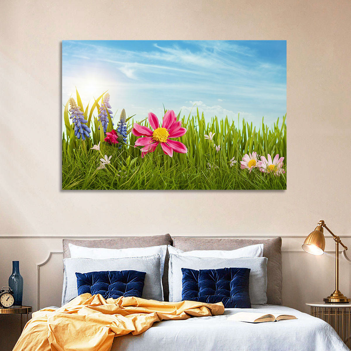 Pink Daisy and Blue Hyacinths in Spring Grass Wall Art in a room, landscape