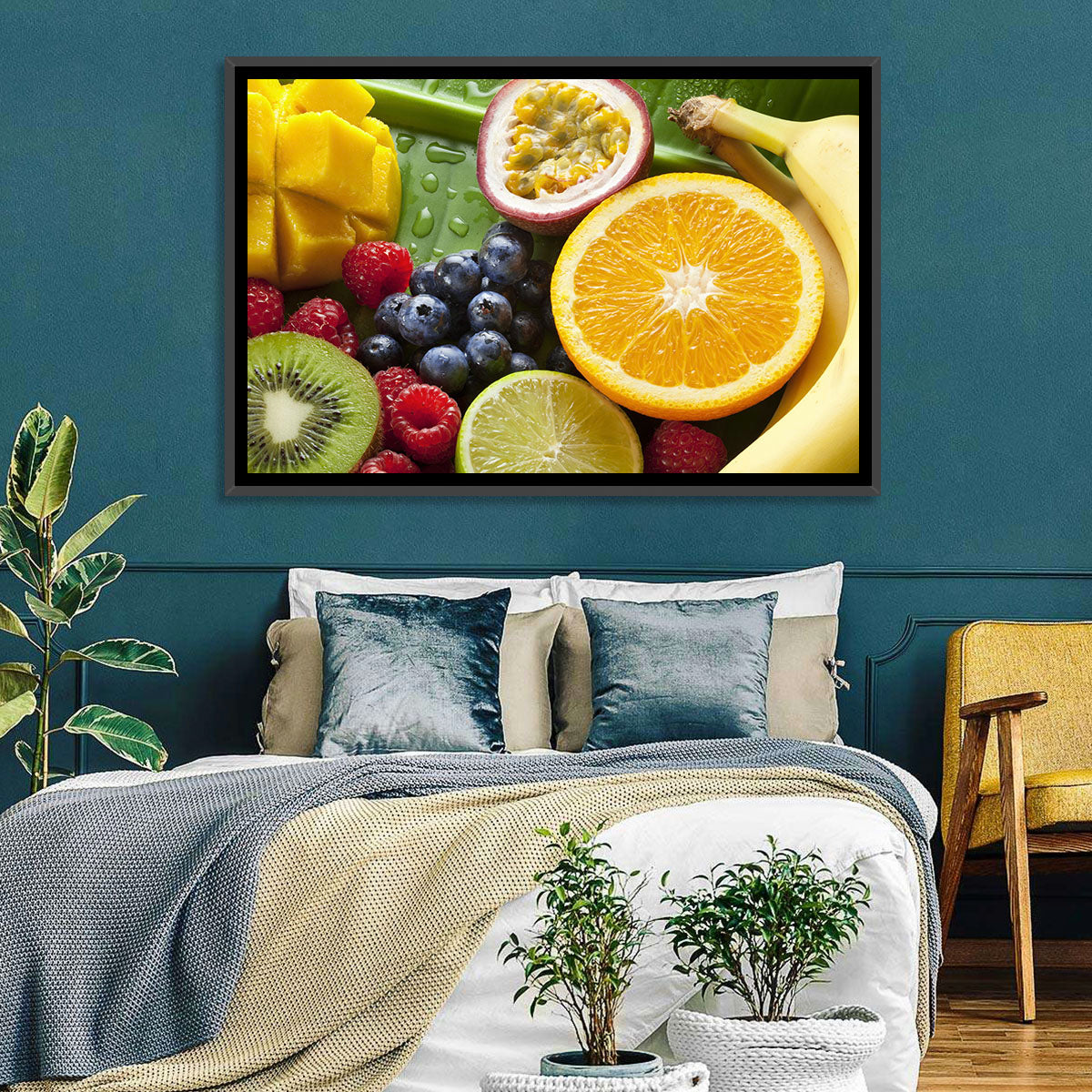 Vibrant Fresh Fruit Flat Lay Wall Art in a room, landscape